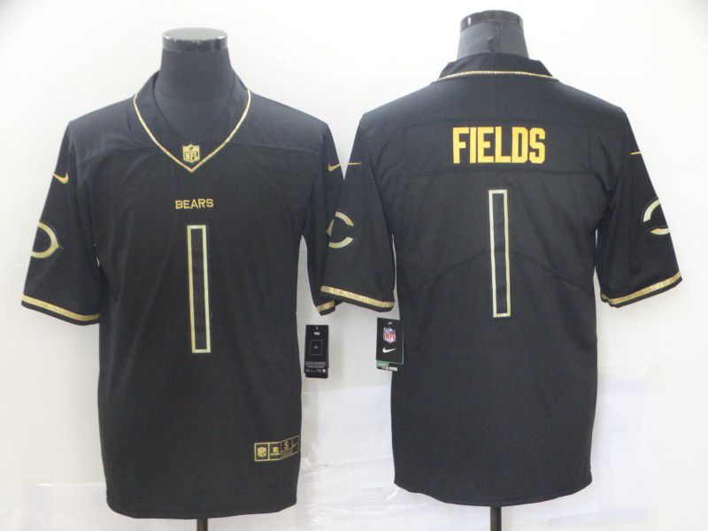 Men Chicago Bears 1 Fields Black Retro Gold Lettering 2021 Nike NFL Jersey